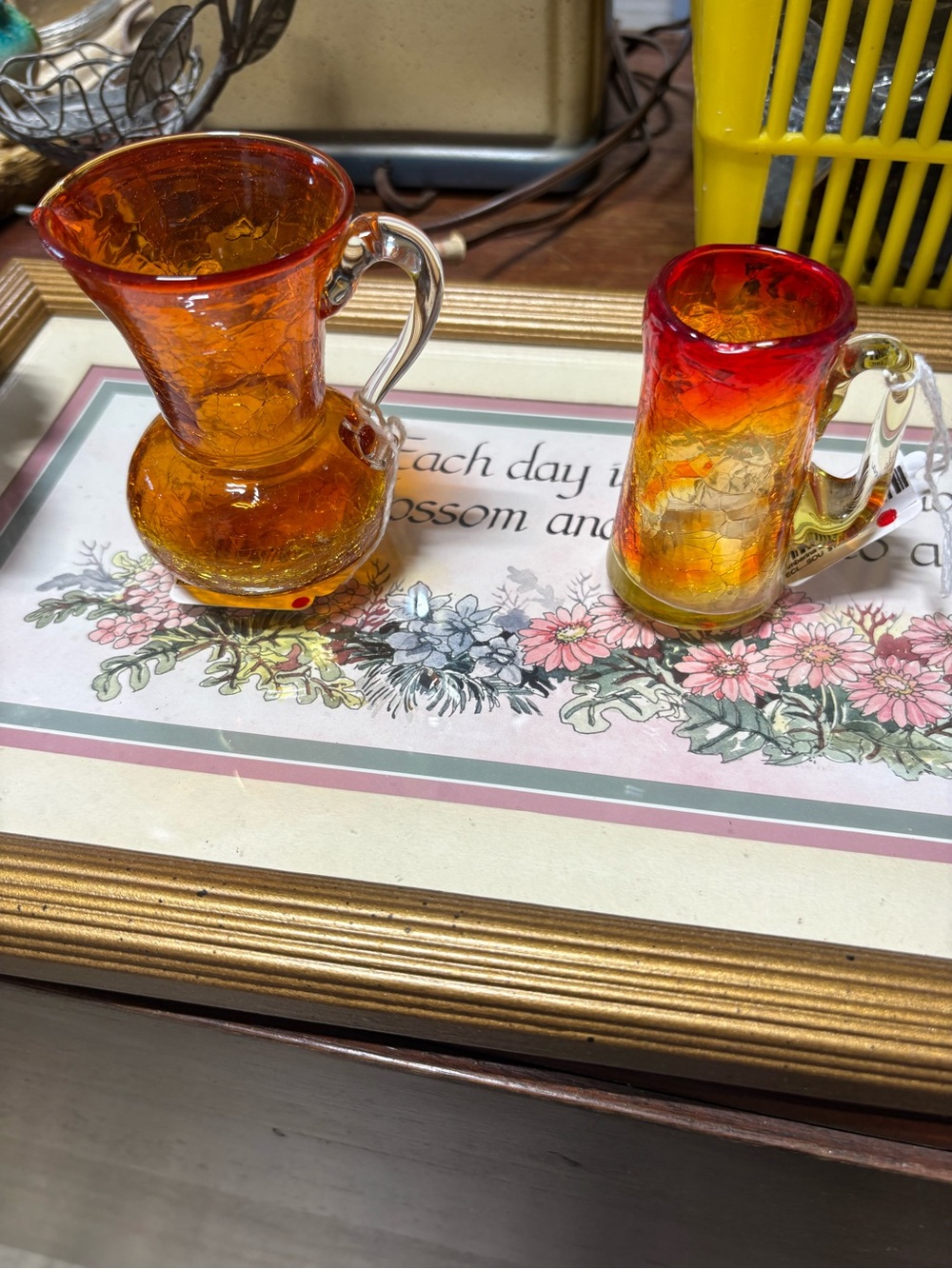 (2) VTG Amberlina Crackled Glass Mini Pitchers